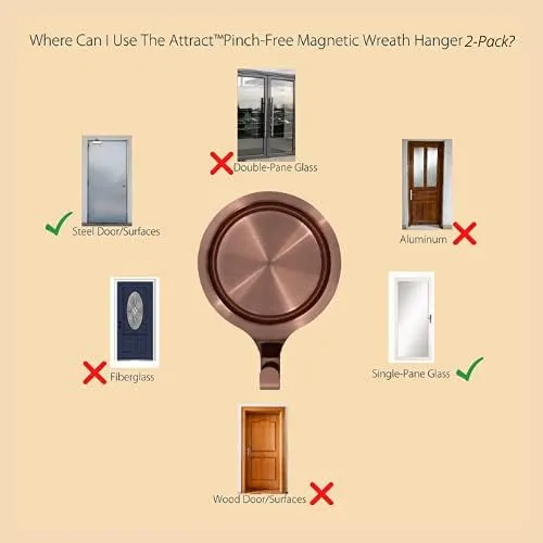 Haute Decor Attract Pinch-Free Magnetic Wreath Hanger (Antique Brass) - Set of 2 Magnets - for use on 1 Single-Pane Glass Door/Window or 2 Metal Doors/Surfaces