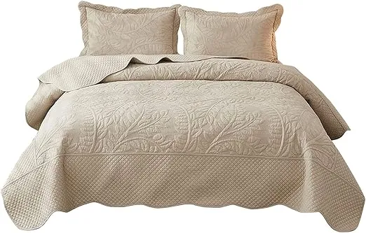 MarCielo 3-Piece 100% Cotton Oversized Bedspread Set Coverlet Set Lightweight Quilt Set Embroidery Farmhouse Bedding Set T0 (Khaki Beige, King (118"x106"))