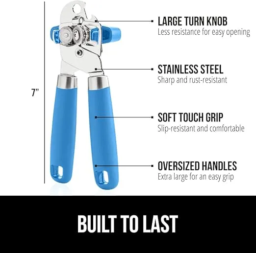 The Original Gorilla Grip Heavy Duty Stainless Steel Smooth Edge Manual Can Opener and Bottle Openers, Soft Handle, Rust Proof Oversized Handheld Easy Turn Knob, Multifunctional Kitchen Tool, Aqua