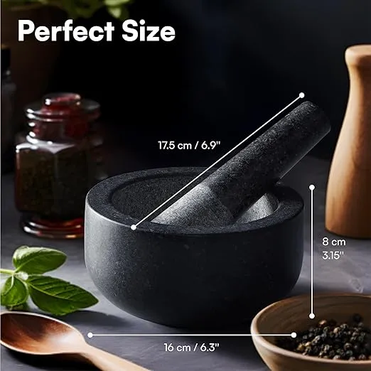 H&S Mortar and Pestle Set - Large Premium Solid Granite Stone Grinder Set - 16cm (6.3") Diameter - for Crushing & Mashing Herbs & Spices - Black