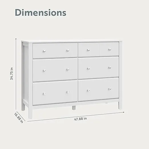 Storkcraft Horizon 6 Drawer Dresser (White) - GREENGUARD Gold Certified, 6 Drawer Dresser with Interlocking Drawer System, Dresser Drawer Organizer for Kids' Bedroom