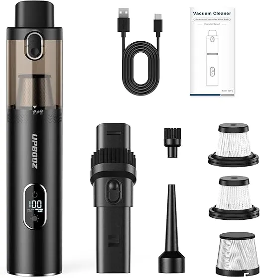 Handheld Vacuum Cordless, Upbooz Portable Car Vacuum, 14000PA Powerful Suction Vacuum Cleaner with LED Light and Air Duster 2 in 1, Low Noise Rechargeable Mini Hand Held Vacuum for Car Home Pet Office
