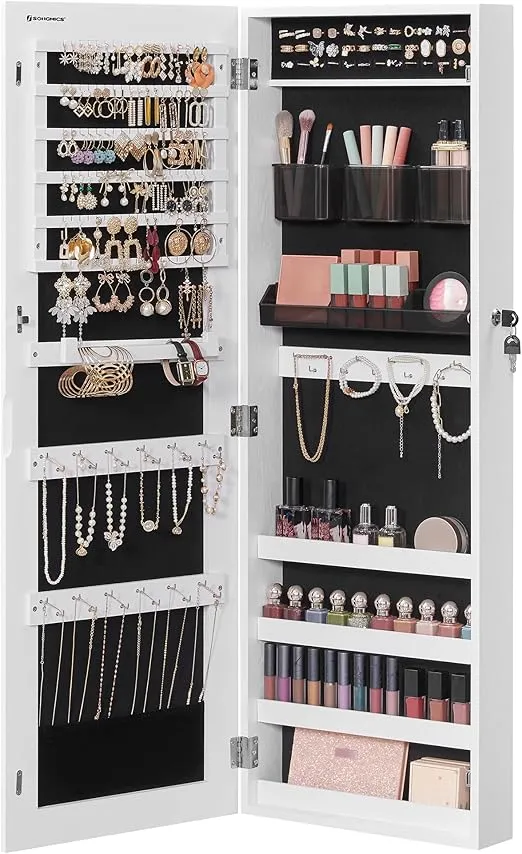 SONGMICS Jewelry Cabinet Armoire, Lockable Wall-Mounted Organizer Unit with 2 Plastic Cosmetic Storage Trays, Full-Length Frameless Mirror, Christmas Gifts, White UJJC001W01