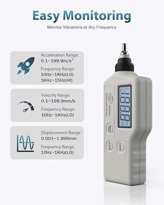 Portable LCD Vibration Analyzer Tester Meter Vibrometer Gauge Tester Analyzer 0.1-199.9m/s Vibration Tester Analyzer for HVAC, Motors, Engines, Generator