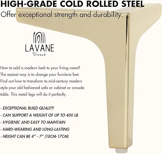La Vane 4 inch Metal Furniture Legs, Set of 4 Modern Iron Diamond Triangle Furniture Feet DIY Replacement Gold for Cabinet Cupboard Sofa Couch Chair Ottoman