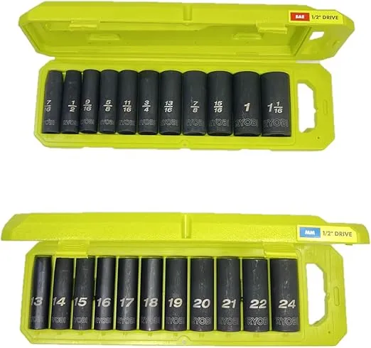 RYOBI 1/2 in SAE & Metric Deep Impact Socket Set, 6 Point (22-Piece), Black