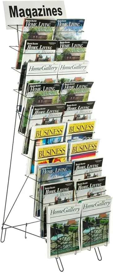 Floor-Standing Wire Literature Rack with 20 Tiered Pockets, Removable Dividers Accommodate Newspapers - Black