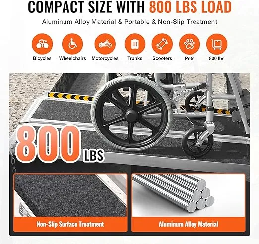 VEVOR Portable Wheelchair Ramp 8FT, Non-Slip Aluminum Folding Handicap Ramp, Door Threshold Ramps for Wheelchair for Home,Wheel Chair Ramp Steps, Cars, Scooter, Cart, Curbs, Stairs