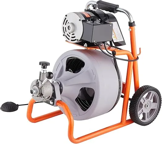 VEVOR Drain Cleaner Machine 100FT x 3/8 Inch, Auto Feed Sewer Snake Drain Auger, Portable Drain Cleaning Machine with 8 Cutters & Air-activated Foot Switch for 2" to 4" Pipes