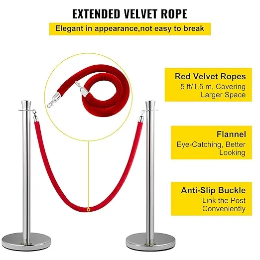 VEVOR Velvet Ropes and Posts 2 Pcs, 5 ft Red Velvet Rope, Stanchion Post, Crowd Control Barriers Silver Stanchions, Red Carpet Poles, Crowd Control Ropes and Poles for Party Supplies