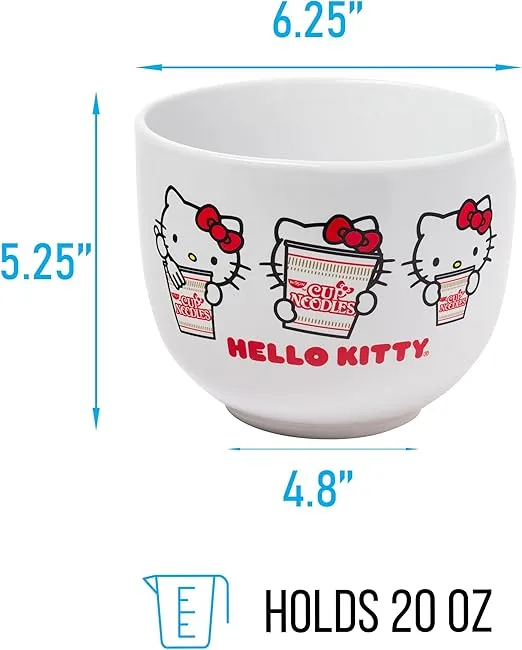 Silver Buffalo Sanrio Hello Kitty Cup Noodles Nissin Ceramic Ramen Noodle Rice Bowl with Chopsticks, Microwave Safe, 20 Ounces