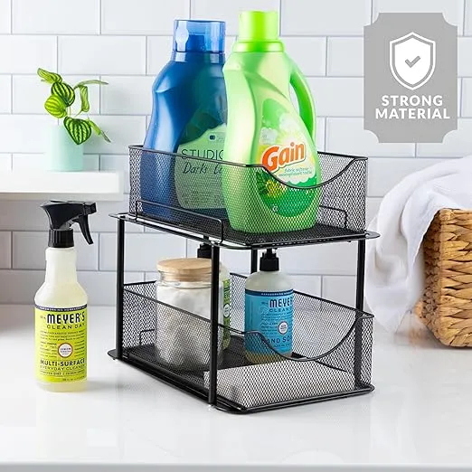 Sorbus 2 Tier Metal Under Sink Organizer for Bathroom, Kitchen, Strong Steel Mesh Sliding Drawers for Under Sink, Under Cabinet, Closet, Kitchen, Pantry, Bathroom Organizers and Storage (Black)