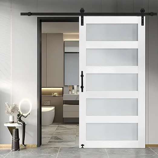 S&Z TOPHAND® 42 in x 80 in Glass Sliding MDF Barn Door with 8FT Sliding Door Hardware Kit, 5 Tempered Frosted Glass, Slab Inside Covered with Water-Proof PVC Surface, Simple DIY Assembly