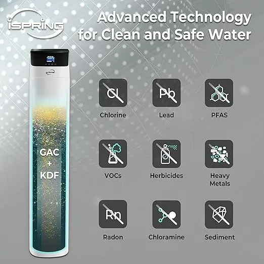 iSpring Elite Series Whole House Central Water Filtration System with Automatic Control Head, Reduces Chlorine, Chloramine, PFAS, Lead
