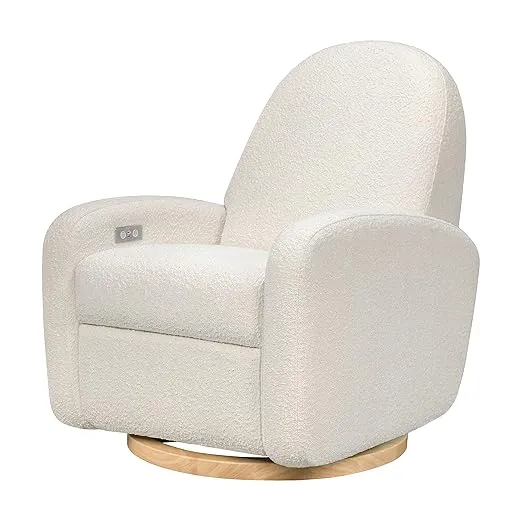 Babyletto Nami Electronic Power Recliner and Swivel Glider with USB Port in Ivory Boucle with Light Wood Base, Greenguard Gold and CertiPUR-US Certified