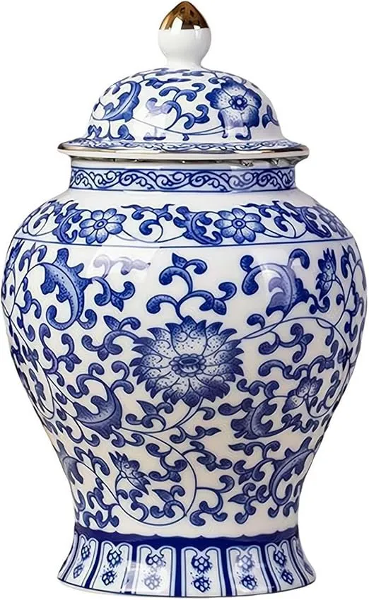 Chinoiserie Blue White Ginger Jars, Porcelain Jar Tea Storage, Ceramic Decorative Ginger Jar With Lid, Chinoiserie Decor Blue and White Vase, Porcelain Vases Decor for Living Room, Bedroom (C)