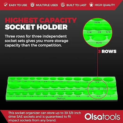 Olsa Tools Magnetic Socket Organizer (3/8-Inch Drive, 3 Row) - Magnetic Tool Organizer & Socket Holder - Tool Box Socket Organizers - SAE Green - Holds 39 Sockets - Professional Grade - Part: 1550