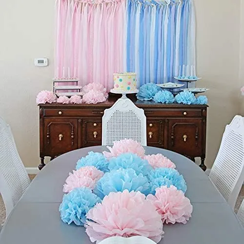 HappyField 12PCS 10” 12” Pink Blue White Tissue Paper Pom Poms Flower Gender Reveal Party Decorations Boy or Girl Baby Shower Decorations Pink and Blue Bridal First Birthday Party Wedding Decorations