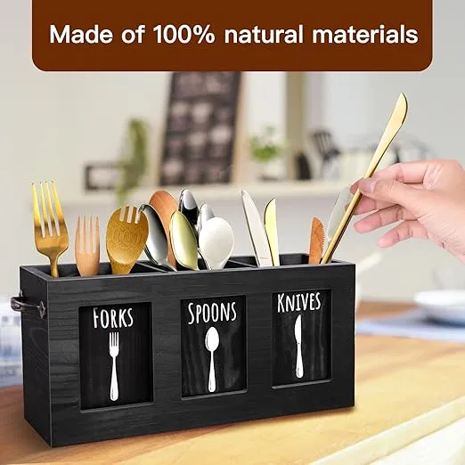 Wood Flatware Organizer, Rustic Utensil & Silverware Holder for Forks, Spoons, Knives, Farmhouse Kitchen Cutlery Caddy Bin Countertop - Black