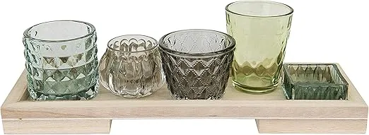 Creative Co-Op Glass Votive/Tealight Holders on Wood Tray (Set of 5 Pieces) Candleholder, Blue