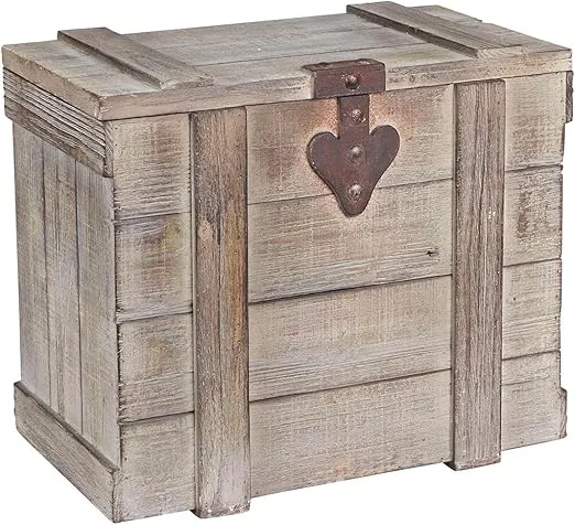 Household Essentials, Small, Antiqued Decorative Trunk, Chinese Fir Panel and MDF, Smooth Backing and Metal Hinge Accent, Flat Top and Stay-Open Lid