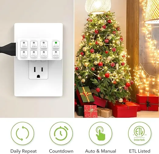 BN-LINK Indoor Countdown Timer with Repeat Function, Heavy Duty Accurate Compact Size for Charger Vacation Security, 3-Prong Grounded Outlet, 15A/1875W ½ HP ETL Listed