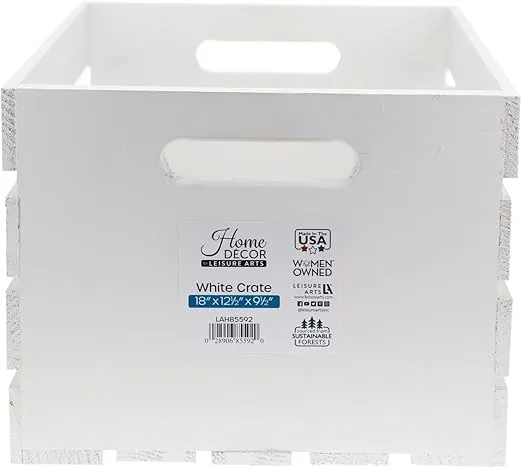Leisure Arts Good Wood Wooden Crate, Wood Crate White, Wood crates for Display, Wood crates for Storage, Wooden crates White Finish, 18" x 12.5" x 9.5"