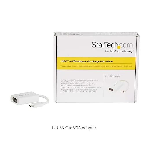 StarTech.com USB C to VGA Adapter with Power Delivery - 1080p USB Type-C to VGA Monitor Video Converter w/ Charging - 60W PD Pass-Through - Thunderbolt 3 Compatible - White (CDP2VGAUCPW)