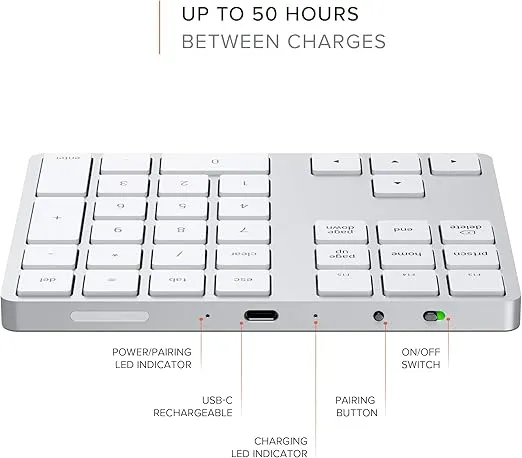 Satechi Bluetooth Extended Numeric Keypad – Slim Rechargeable 34-Key Numberpad – for M2/ M1 MacBook Pro/Air, M2/ M1 iPad Pro/Air, M2 Mac Mini, iMac M1 (Silver)