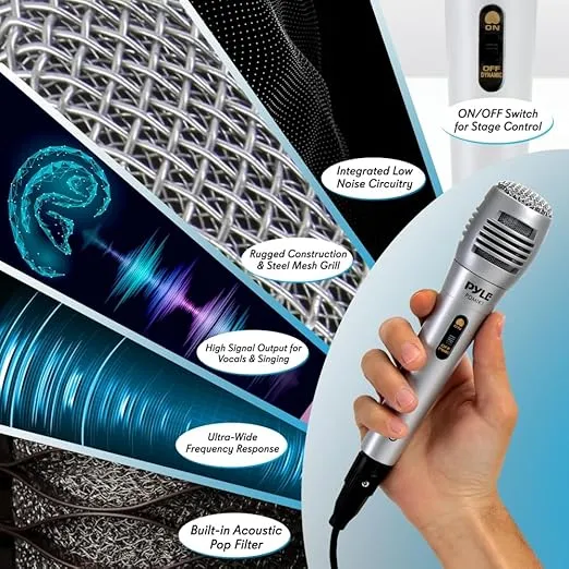Pyle Wired Dynamic Microphone - Professional Moving Coil Unidirectional Handheld Mic with Built-in Acoustic Pop Filter, Rugged Construction, Steel Mesh Grill, 6.5 ft XLR Audio Cable Wire - PDMIK1