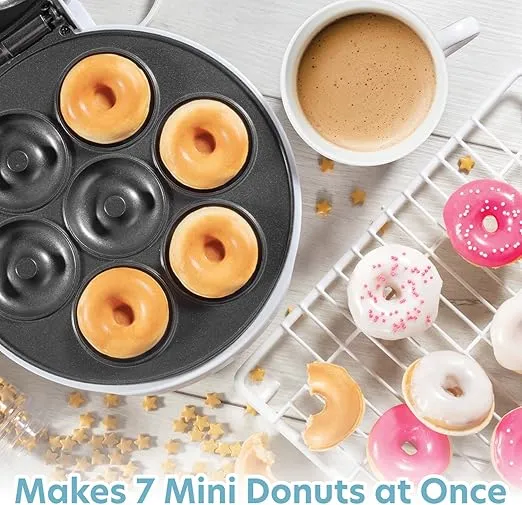 Mini Donut Maker- Electric Non-Stick Surface Makes 7 Small Doughnuts- Decorate, Frost or Ice Your Own for Kid Friendly Baked Dessert Treat- Unique Holiday Baking Activity for Adults, Xmas Gift for Her