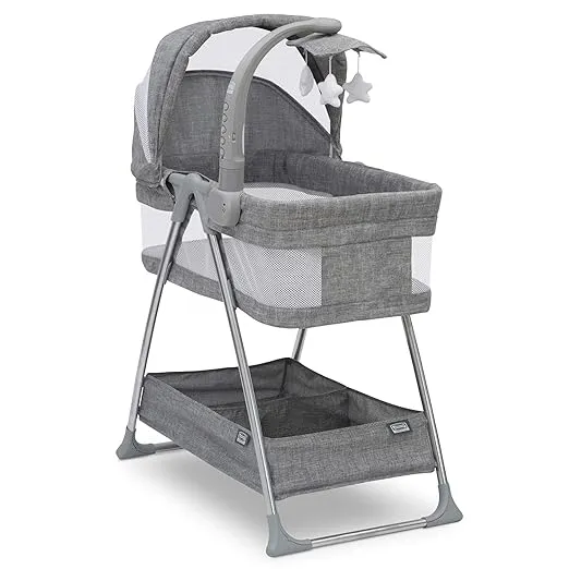 Simmons Kids City Sleeper Bedside Bassinet Portable Crib - Activity Mobile Arm with Nightlight, Vibrations, Twinkle Lights and Rotating Stars, Grey Tweed