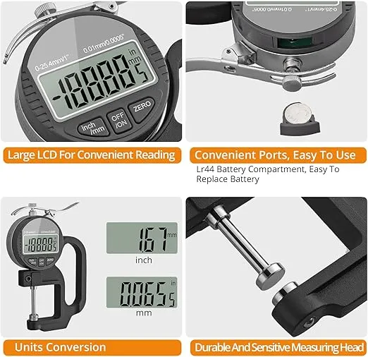 Neoteck Digital Thickness Gauge 1 inch/25.4mm, 0.0005"/ 0.01mm, Thickness Meter Precise Electronic Micrometer with LCD Display