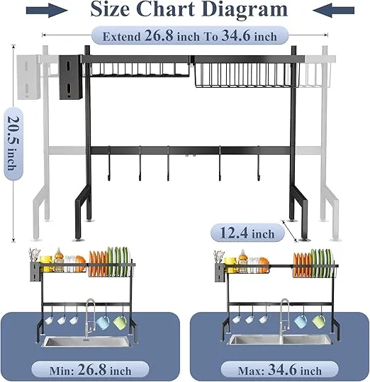 Over The Sink Dish Drying Rack, Adjustable (26.8" to 34.6") Large Dish Drainer Drying Rack for Kitchen Counter with Multiple Baskets Utensil Sponge Holder Sink Caddy, 2 Tier (Black)