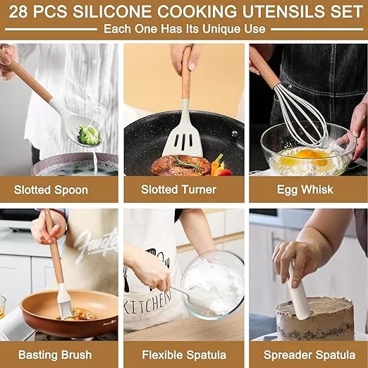 28 Pcs Silicone Cooking Utensils Kitchen Utensil Set - 446°F Heat Resistant, Turner Tongs, Spatula, Spoon, Brush, Whisk, Wooden Handle, Kitchen Gadgets with Holder for Nonstick Cookware (White)