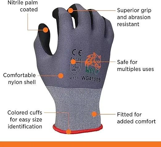 WOLF Ultra-Thin Nitrile Foam Palm Coated Glove with Tacky Dot Grip, Multi Purpose