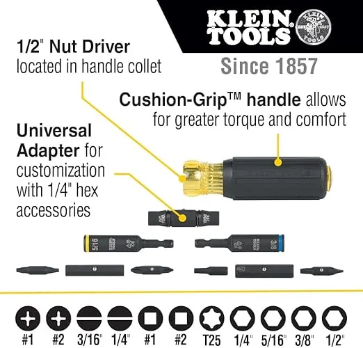 Klein Tools 32500HD KNECT Multi-Bit Screwdriver / Nut Driver, Impact Rated 11-in-1 Tool with Phillips, Slotted, Square and Torx Tips