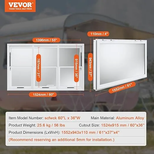 VEVOR Concession Window For Food Truck 60"x36", with Vertical Lifting Small Sliding Windows & Awning Door & Drag Hook, Playhouse Window, Chicken Coop Window, Shed Window, Up to 85 Degrees Window