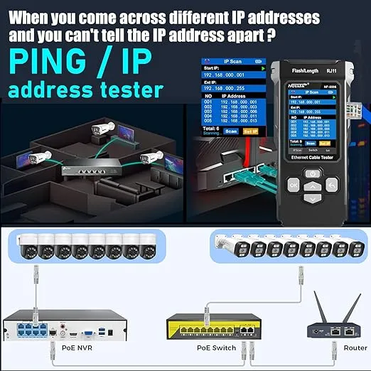 NF-8506 Network Cable Tester and Tracker with IP Scanne Network Rate Test,PING/CAT5 CAT6/TDR Multifunction Network Tester Cable Toner for RJ11 RJ45 LAN Ethernet POE Cable Tester Telephone Cable Finder