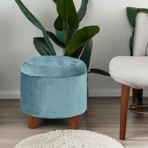 Homepop Home Decor | Upholstered Round Velvet Tufted Foot Rest Ottoman | Ottoman with Storage for Living Room & Bedroom | Decorative Home Furniture, Teal Small