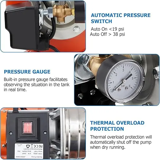 3/4HP Shallow Well Pump With Pressure Tank, 790 GPH Stainless Steel Well Pump, 115V Water Pump With Automatic Pressure Switch, Water Transfer Pumpfor Garden, Pool, Well, Irrigation
