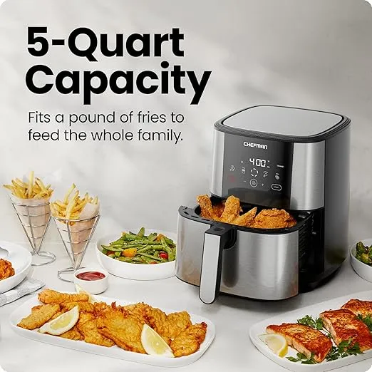 Chefman TurboFry Touch Air Fryer, Large 5-Quart Family Size, One Touch Digital Control Presets, French Fries, Chicken, Meat, Fish, Nonstick Dishwasher-Safe Parts, Automatic Shutoff, Stainless Steel