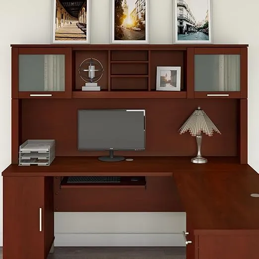 Bush Furniture Somerset 72W Desk Hutch in Hansen Cherry, Attachment with Shelves and Cabinets for Home Office