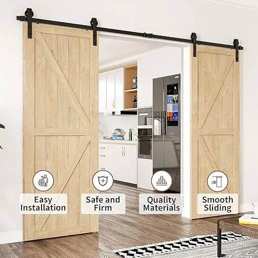 10ft Heavy Duty Sturdy Sliding Barn Door Hardware Kit Double Door - Smoothly and Quietly-Easy to Install - Fit 1 3/8-1 3/4 inch Thickness Door Panel(Black)(J Shape Hangers)