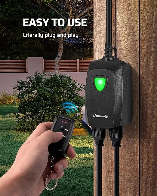 DEWENWILS Wireless Remote Control Outdoor Outlet with 2 Remotes, Electrical Plug in Light Switch Weatherproof,15 AMP Heavy Duty, 100 FT Range, for Christmas Lights Lights Lamp Fans, ETL Listed