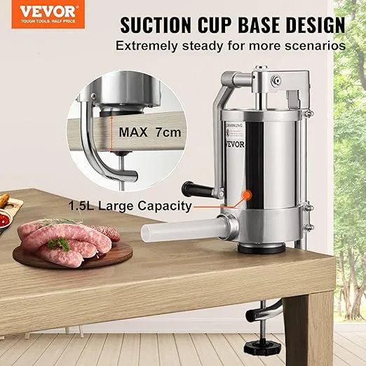 VEVOR Sausage Stuffer, 2.5LBS/1.5L Capacity, 304 Stainless Steel Vertical Sausage Stuffer, Sausage Filling Machine with 3 Stuffing Tubes for Home/Commercial Use