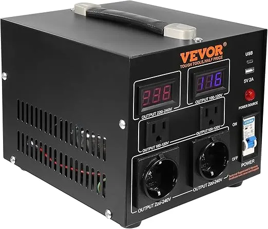 VEVOR Voltage Converter Transformer, 2000W, Heavy Duty Step Up/Down Transformer, Convert from 110 Volt to 220 Volt and from 220 Volt to 110 Volt, with US Outlet EU Outlet 5V USB Port, CE Certified