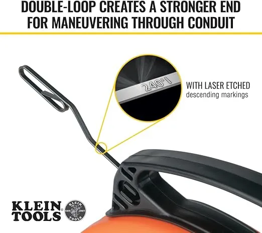 Klein Tools 56334 Electrical Fish Tape, 240-Foot Steel Wire Puller with Double Loop Tip, Optimized Housing and Handle, For Heavy Duty Wire Pulls