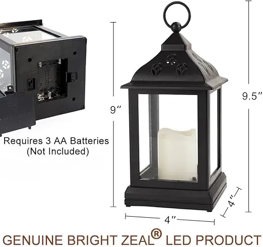 Bright Zeal 2-Pack 9.5" Vintage Decorative Candle Lantern with LED Flickering Flameless Candle (Black, 8hr Timer) - Indoor Hanging Lanterns Decorative Lanterns Battery Powered LED Candle Timer Candle