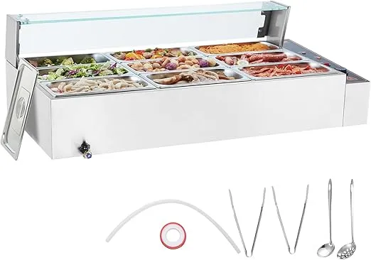 VEVOR 9-Pan Commercial Food Warmer, 9 x 8QT Electric Steam Table with Glass Cover, 1500W Countertop Stainless Steel Buffet Bain Marie 86-185°F Temp Control for Catering, Restaurants, Silver